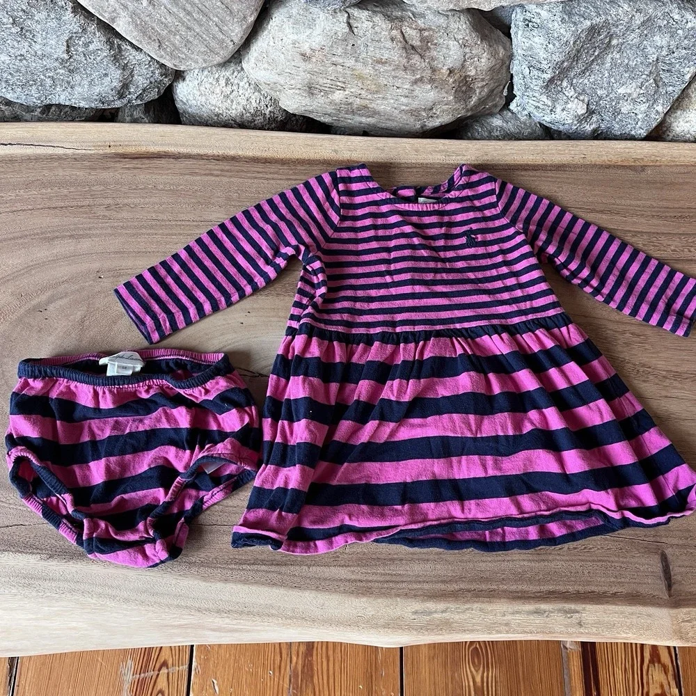 RALPH LAUREN BABY GIRL PINK Blue Striped LONG SLEEVE DRESS & BLOOMER SET 6 MO